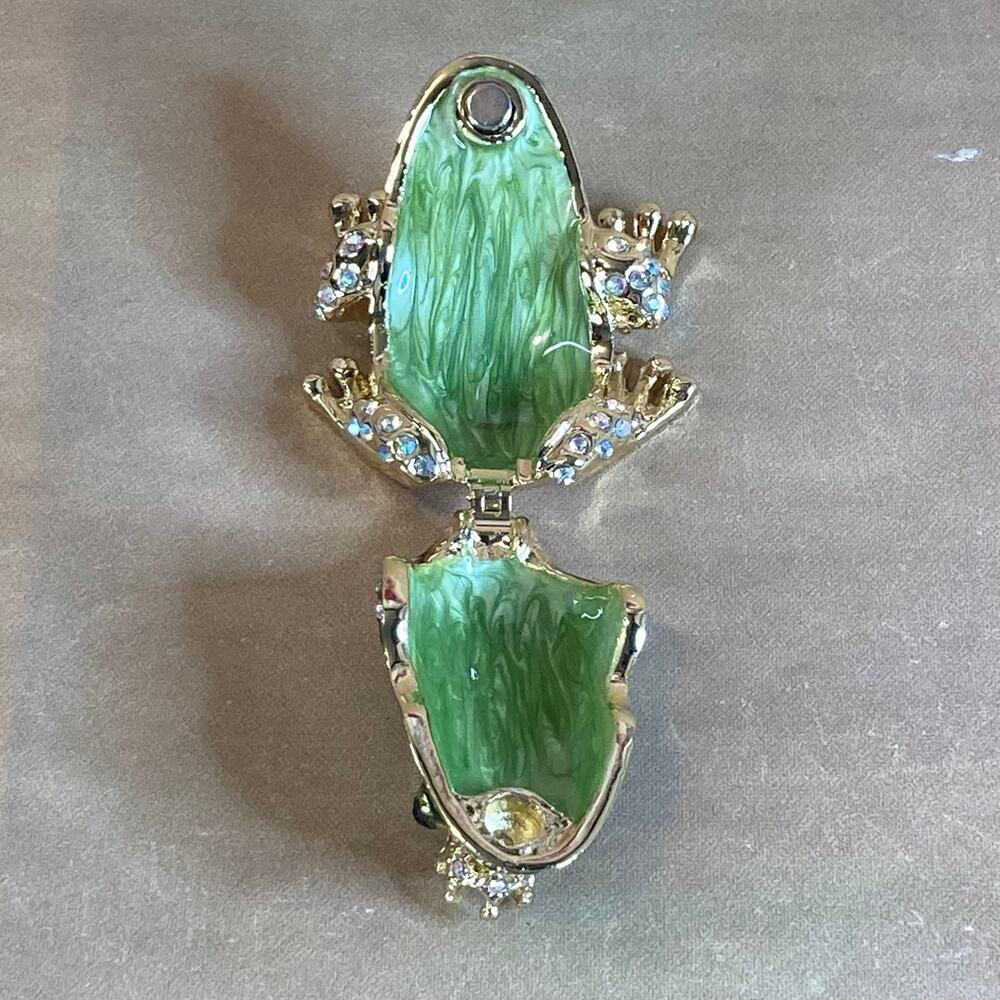 Gold Tone and Green Enamel Frog Prince Trinket Box w/Aurora Borealis Crystals - Picture 4 of 8